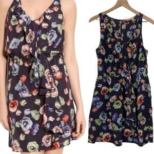 Rebecca Taylor Fit & Flare Dress Silk Sheer Navy Floral Print Sleeveless Women 8